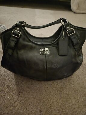 COACH Black Leather Hobo Tote with Signature Plaque